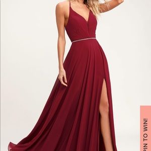 Wine Red Lace-Up Rhinestone Prom Dress